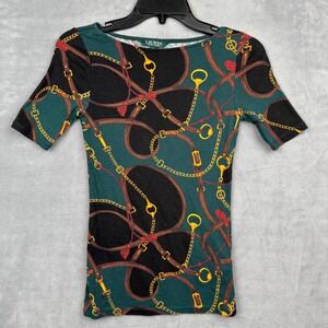 Lauren Ralph‎ Lauren Women's XS TP Green Chain Belt Print Cotton T Shirt
